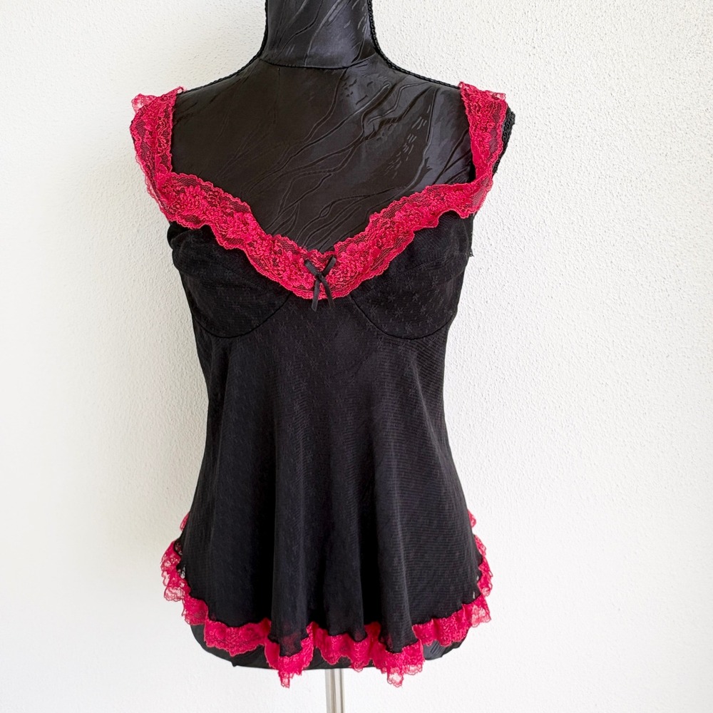 Secret Treasures Babydoll Chemise‎ Trim Mesh Open Back, Womens XL Black Red
